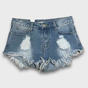 American Bazi Distressed Boho Festival Denim Shorts Jorts Blue S